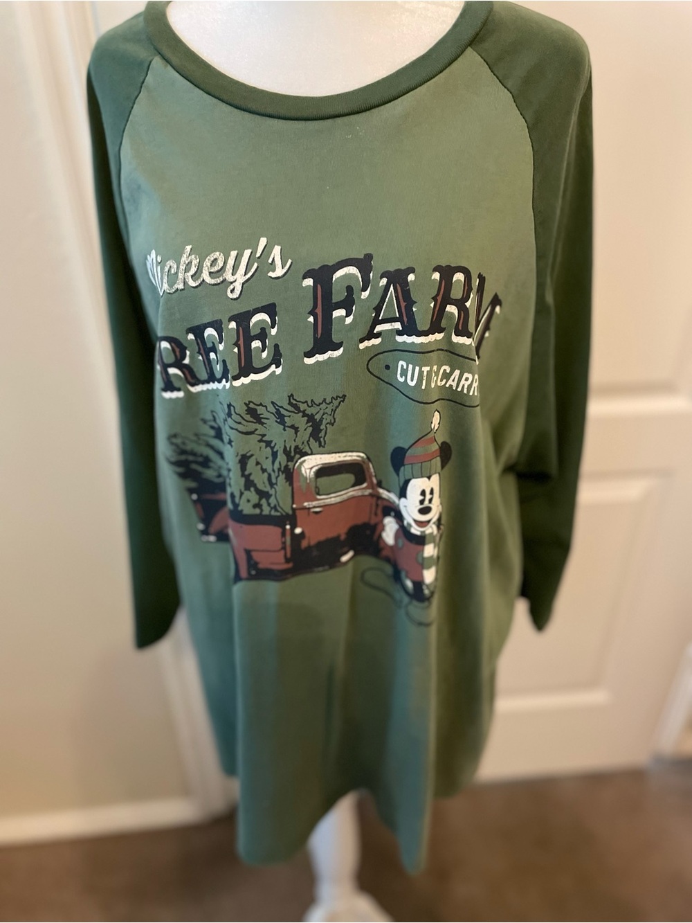Disney Women's Green Mickey's Tree Farm Raglan Sleeve Tee